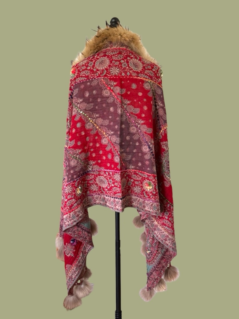 Boho paisley wool fur trimmed shawl wrap Himalayan Yak - Picture 5 of 13